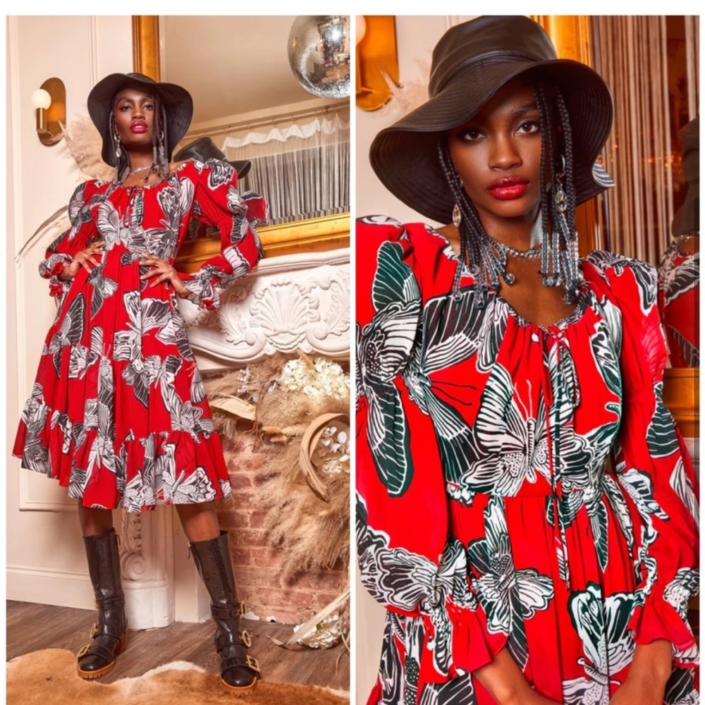 Autumn Adeigbo Fleur‎ Butterfly red Dress Sz 6 & 8 Free People look